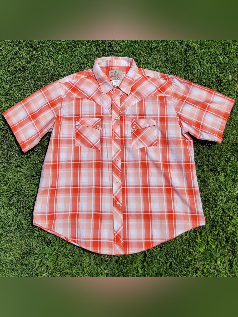 Vintage Wrangler Pearl Snap Shirt Mens XXL 100% Cotton Peach Orange White Plaid